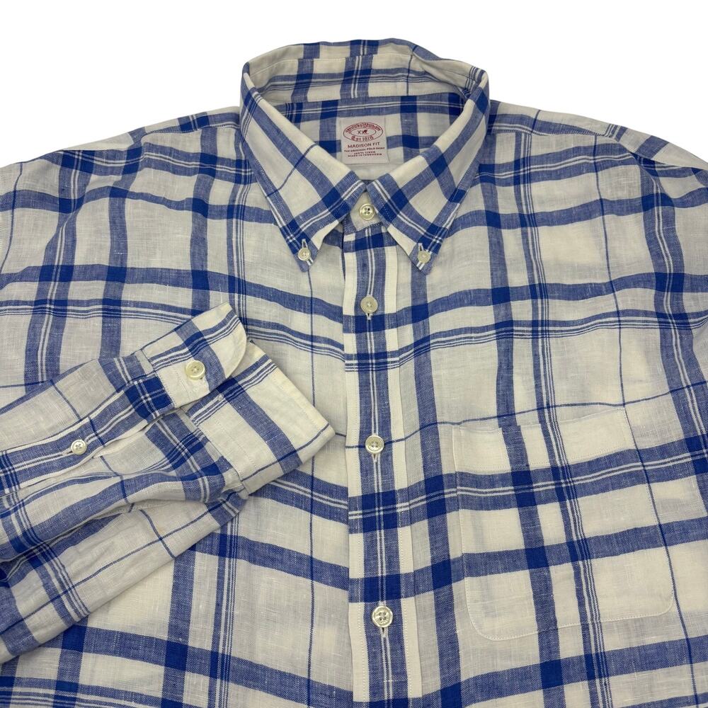 Brooks Brothers 2XL Blue White Plaid Check Long Sleeve Button Down Linen Shirt
